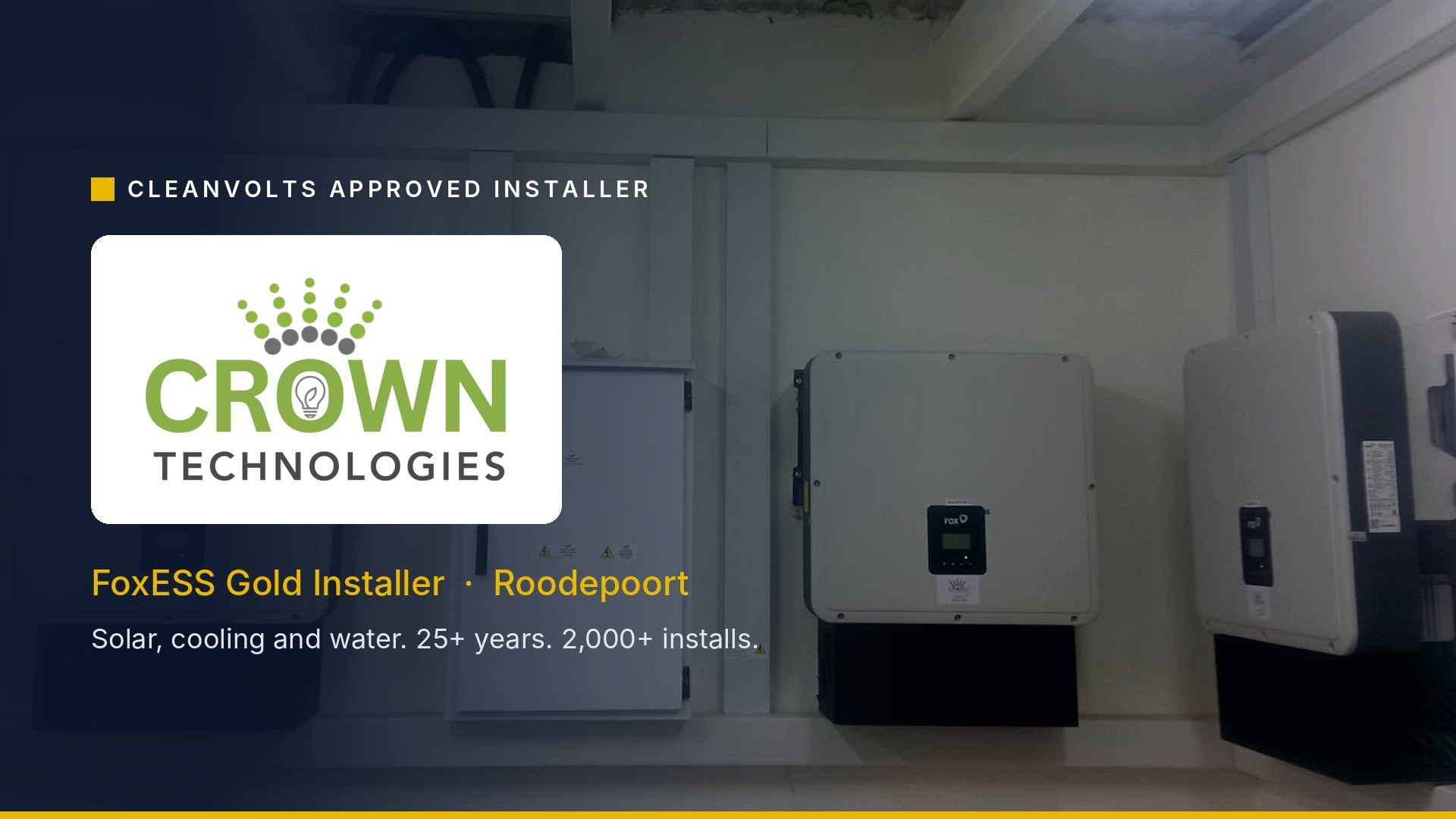 Crown Technologies logo, CleanVolts Approved FoxESS Gold Installer, Roodepoort