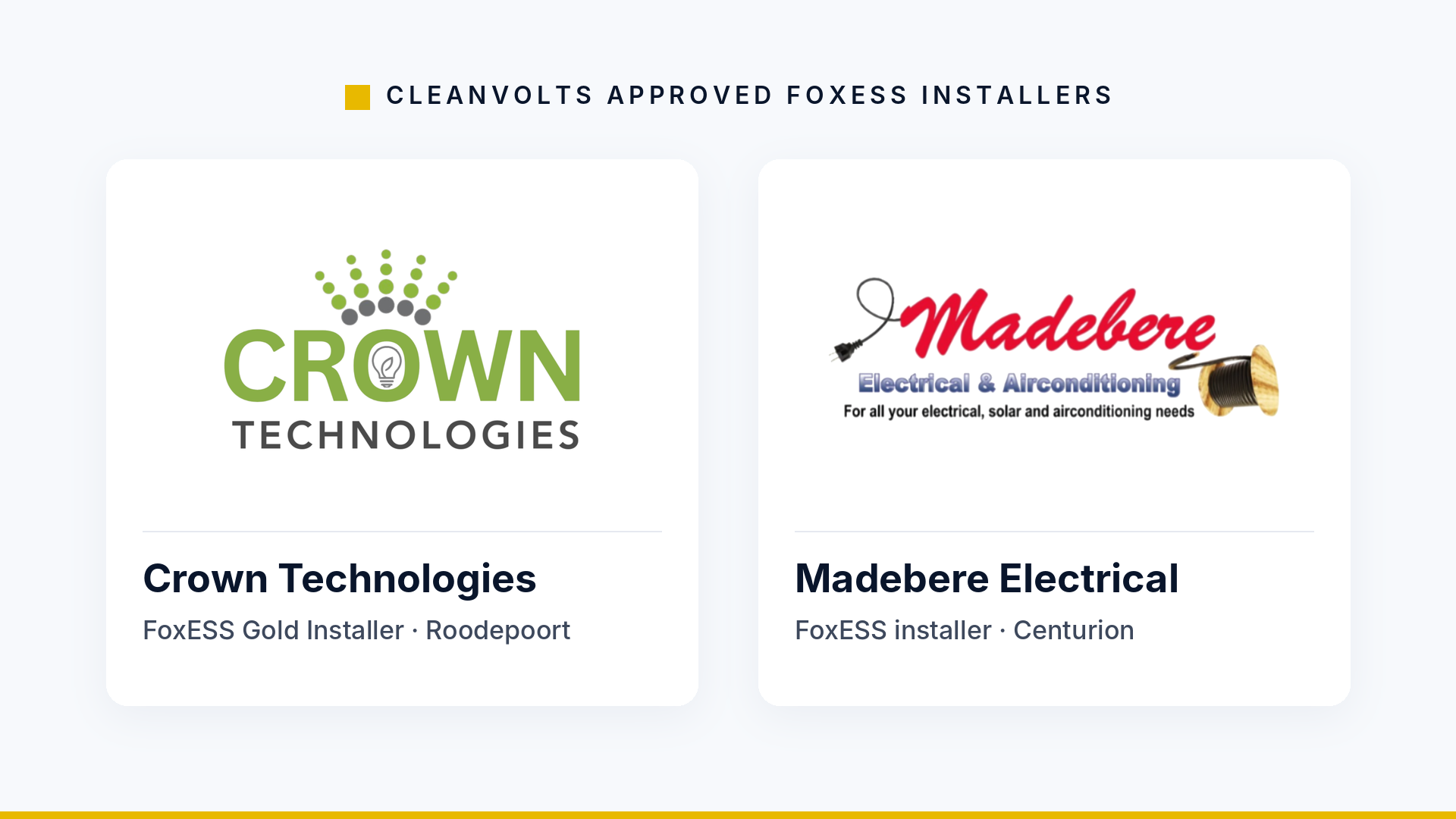 CleanVolts Approved FoxESS installers: Crown Technologies in Roodepoort and Madebere Electrical in Centurion CleanVolts Approved FoxESS installers: Crown Technologies in Roodepoort and Madebere Electrical in Centurion