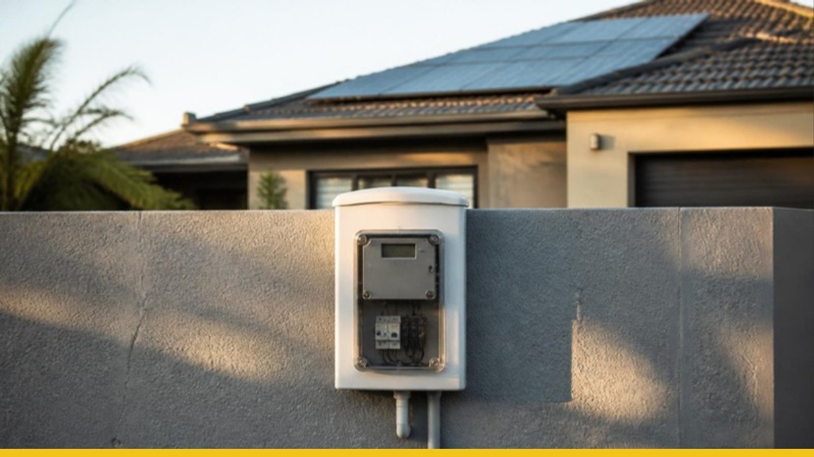 Electricity meter box on the boundary wall of a Johannesburg home with rooftop solar