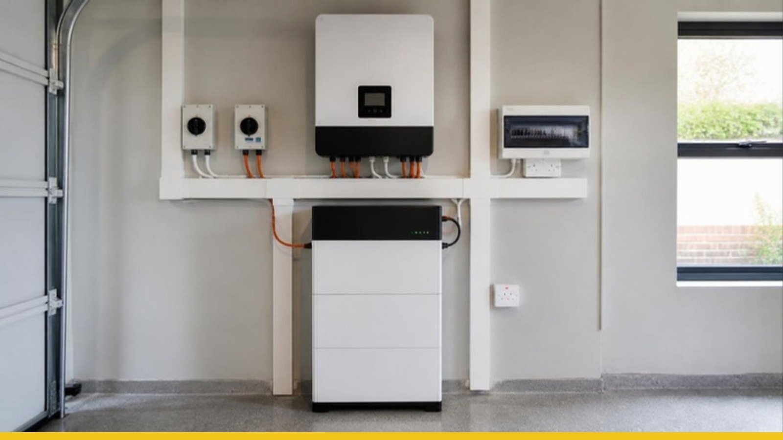 Solar inverter and battery wall-mounted in a home garage