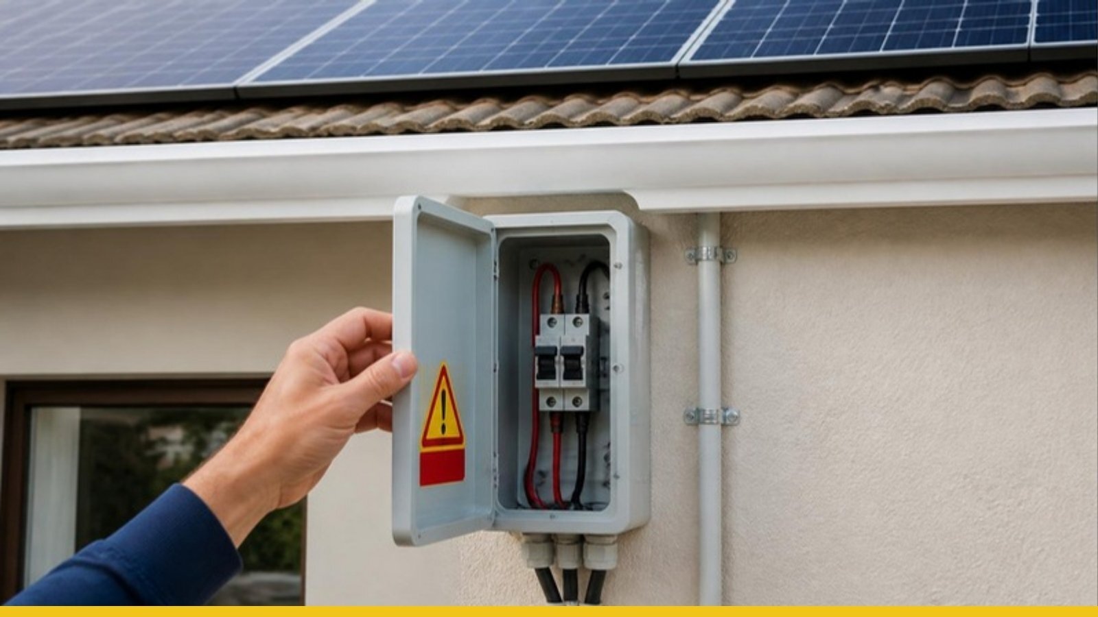 Homeowner opening a solar isolator box mounted below rooftop panels